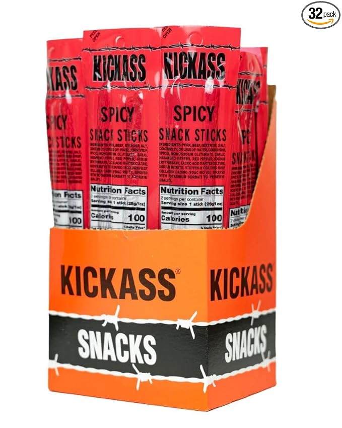 Kickass Spicy Meat Sticks 16ct Case - 2oz Twin Packs of Pork and Beef Jerky Snack Sticks - Beef Stick Meat Snacks - Jerky Sticks