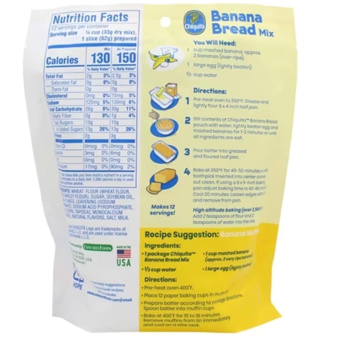Chiquita! Banana Bread Mix Moist &amp Delicious Homemade Banana Bread Easy Baking Mix 13.7 oz Box (2 Pack)