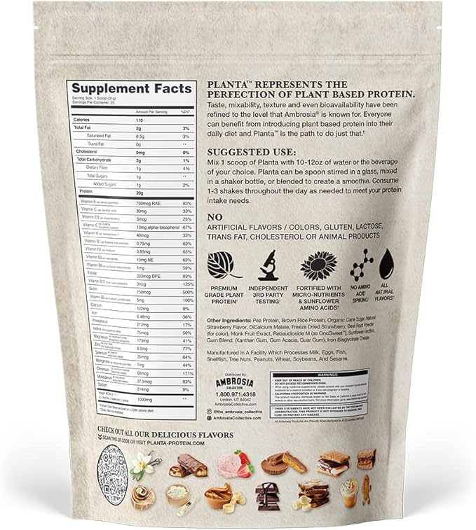 Ambrosia Planta - Plant-Based Protein Powder 20g | Dairy Free Vegan Protein Powder with BCAA Amino Acids | Keto-Friendly No Added Sugar | 25 Servings | Strawberry Ice Cream
