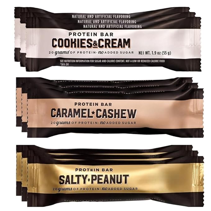 BarbeIIss - High-Protein Snack Bars – Protein Bar Variety Pack (9 Count) 20g Protein No Added Sugar Cookies &amp Cream Salty Peanut Caramel &amp Cashew