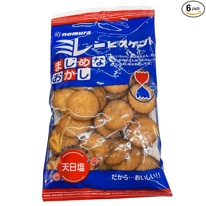 Nomura Irimame Makime Mire Biscuits (4.58oz). Thin retro style wheat cookies from Japan. (TCS-14 L-1) - Pack of 6