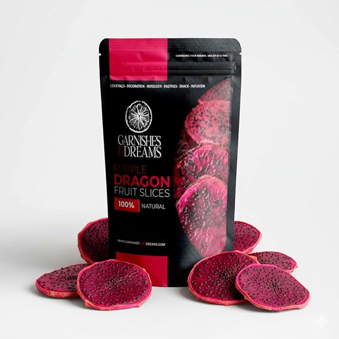 Garnishes &amp Dreams Dehydrated &amp Dried Purple Dragon Fruit (5.5oz) – Natural Exotic Tropical Fruit Chips for Cocktails Mixology Baking &amp Desserts No Sugar Added Edible Dried Fruit Garni