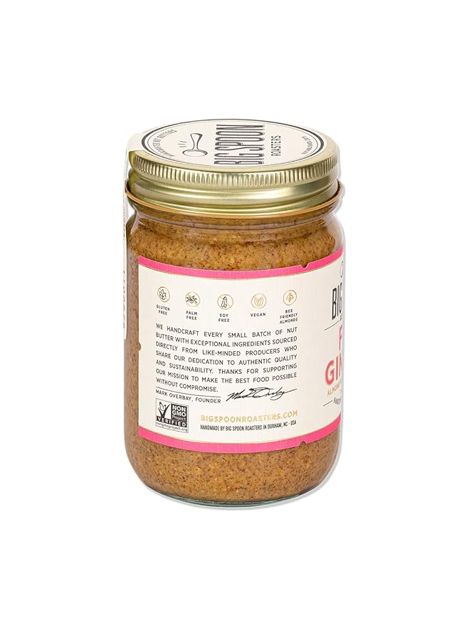 Big Spoon Roasters Fiji Ginger Almond Butter with Sea Salt - Keto Friendly Low Sugar Almond Butter - Crunchy &amp Bee-Friendly Almonds - Gourmet &amp Pure Almond Nut Butter - 2 x 13 Ounces