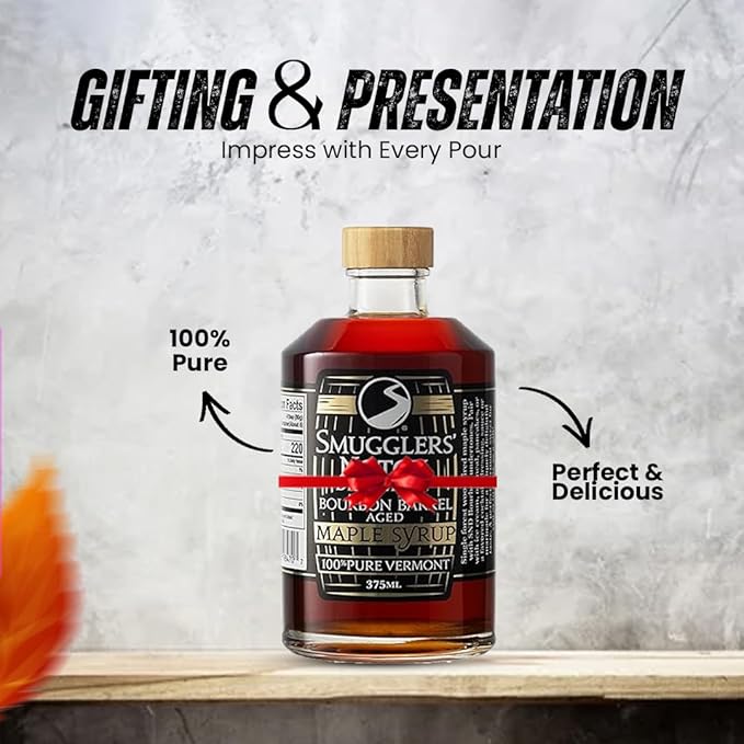 Smugglers’ Notch Maple Works – Bourbon Barrel Aged – 100% Pure Vermont Maple Syrup – Natural Sweetener &amp Gluten Free – Rich Taste – Waffles and Pancakes Cocktails Marinades 12.68 Fl Oz. (375 mL