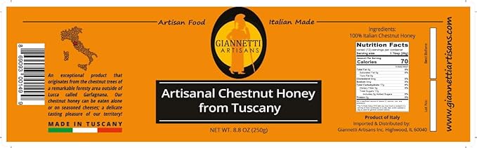 Giannetti Artisans Unpasteurized Chestnuts Honey from Tuscany Italy - Artisan Produced 8.8 oz (250g)