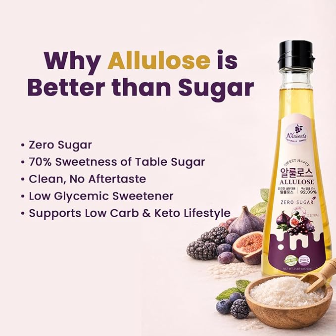 NXsweets Allulose Syrup with Indigestible Maltodextrin &amp Rice Syrup Zero Sugar Sweetener 92.09% Allulose Keto Friendly Low Glycemic Sweetener Non-GMO HACCP Certified 24.69 oz (700 g) Produc