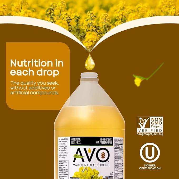 AVO Expeller Pressed Canola Oil for Cooking and Frying 1 Gallon NON-GMO High Smoke Point 465°F Everyday Cooking oil