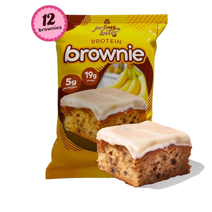 Prime Bites High Protein Brownie (12 Per Box Banana Nut) - 19g of Protein 5g of Collagen Gluten Free Low Sugar Treat Delicious Protein Snack
