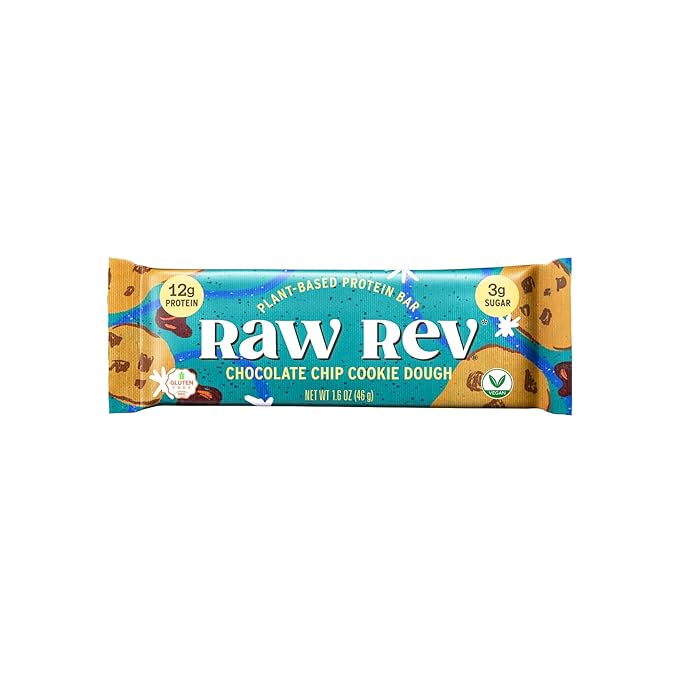 Raw Rev Vegan High-Protein Bars Chocolate Chip Cookie Dough 12g Plant Protein 11g Fiber Keto Non-GMO 1.6 Oz Pack of 36