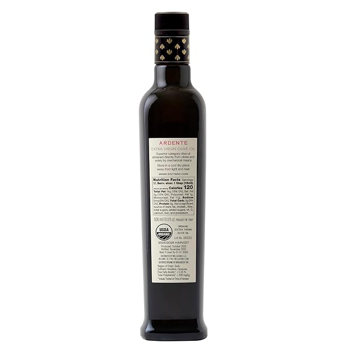Entimio Ardente Organic Italian Extra Virgin Olive Oil from Italy 600+ mg/kg High in Polyphenols 2025 Gold Winner Sicily Early Harvest evoo Cold Extracted Lab Tested - 16.9 fl oz
