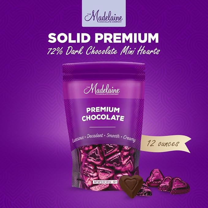 Madelaine Dark Chocolate Mini Hearts Candy – 72% Cacao Valentine’s Day Chocolates Individually Wrapped in Burgundy Foil – 12 oz