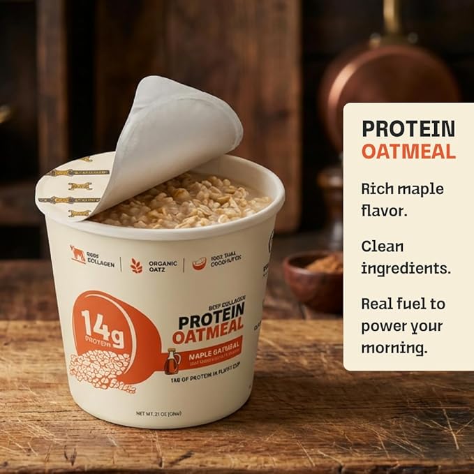 Beef Collagen Protein Oatmeal (12 Pack Maple) – 14g Protein Clean Ingredients No Dairy or Seed Oils – High Protein Breakfast for Athletes