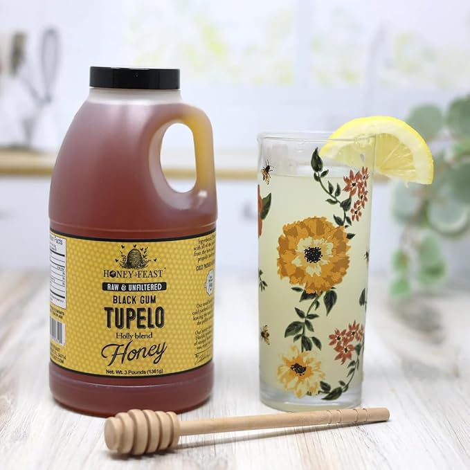 HONEY FEAST Raw Black Gum Tupelo Honey 3 Pounds (Pack of 4) Unfiltered &amp Pure Superfood – From Organic American Floral Sources