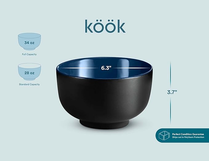 KooK Ramen Bowl Japanese Bowls Noodle Bowls Large Soup Bowl Ceramic Large Capacity For Ramen Pho Udon Soba Microwave and Dishwasher Safe 34 oz Set of 4 (Black/Navy)