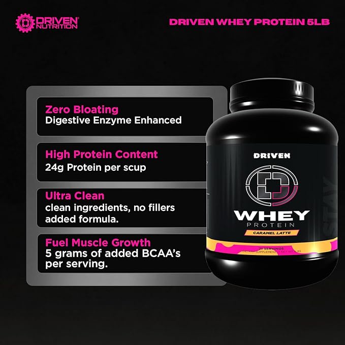 Driven WHEY- Whey Protein Powder: Delicious Clean Protein Shake- Improve Muscle Recovery with 23 Grams of Protein with Added BCAA and Digestive Enzymes (5lb Caramel Latte)