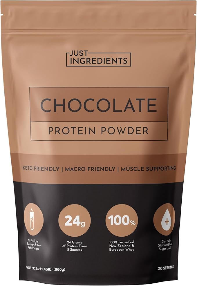 JUST INGREDIENTS Chocolate Protein Powder – 20-Serving Blend with 100% Grass-Fed Whey &amp Organic Plant Proteins – Rich Cocoa Flavor – Supports Muscle Recovery Energy*