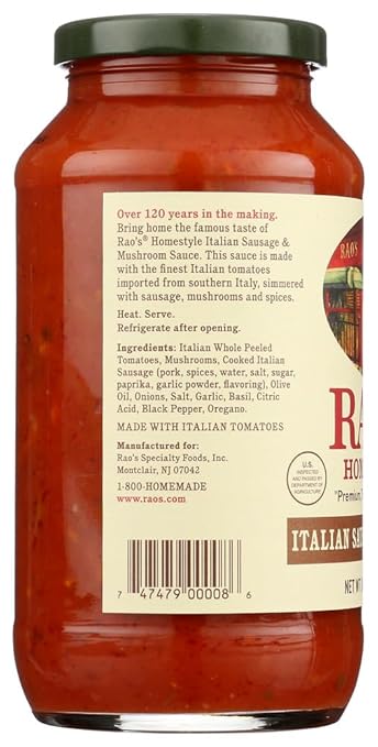 Rao's Homemade All Natural Italian Sausage &amp Mushroom Sauce 24 oz (12 Pack)