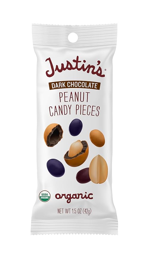 Justin's Dark Chocolate Peanut Candy Pieces 12pk of 1.5oz bags Organic Gluten Free Non-GMO Responsibly Source Rainforest Alliance Certified Cocoa