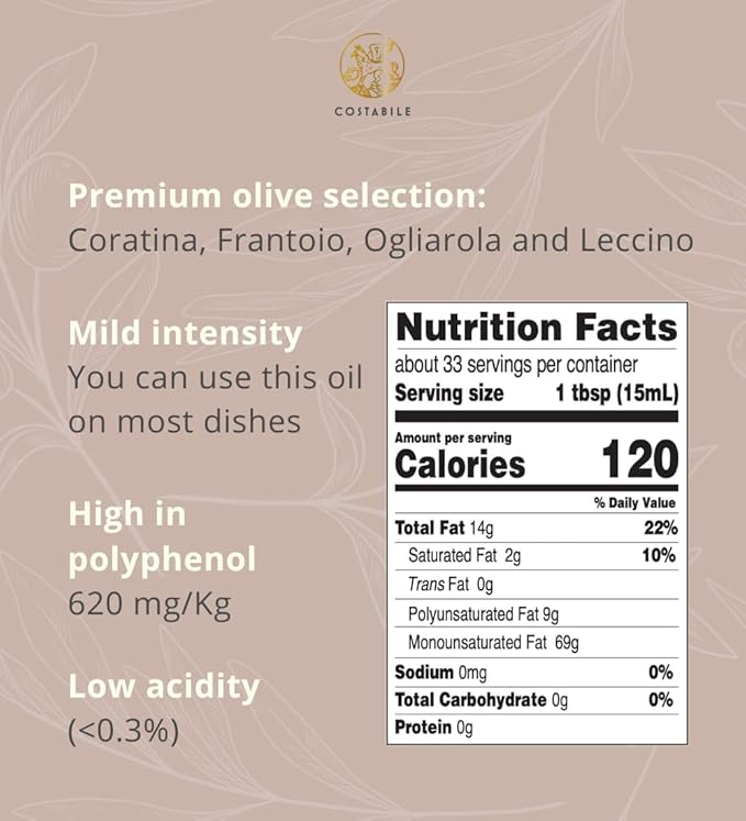 Garlic Infused Olive Oil Extra Virgin from Italy and from a Single Source. Garlic Oil for Cooking Dressings on Pizza Pasta Marinades - COSTABILE 16.9 Fl. Oz.