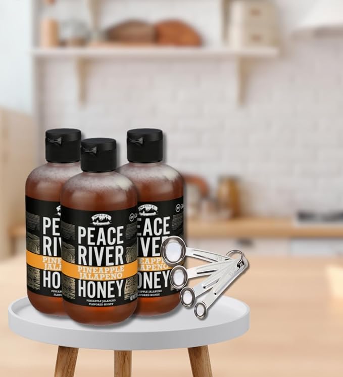 3x Peace River Honey Honey Pineapple Jalapeno 12 OZ Bundle with Measuring Spoon Set – Sweet and Spicy Blend with Pineapple Heat Plus Stainless Measuring Tools – Gift Set (4 Items)