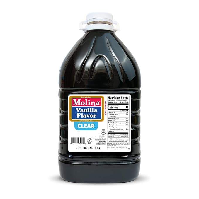 Molina Clear Vanilla Extract 1 Gallon (135.3 oz) Perfect for Baking Enhances Flavor Without Altering Dessert Color High-Quality Vanilla Flavoring for Cakes Cookies and Pastries - (Packaging may v