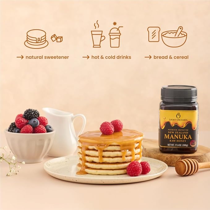 Liberty Orchards Premium Manuka Raw Honey MGO 300+ by New Zealand Non-GMO Gluten Free Daily Wellness Support Natural Sweetness HONEY Plant-Based 500g(17.6 oz)