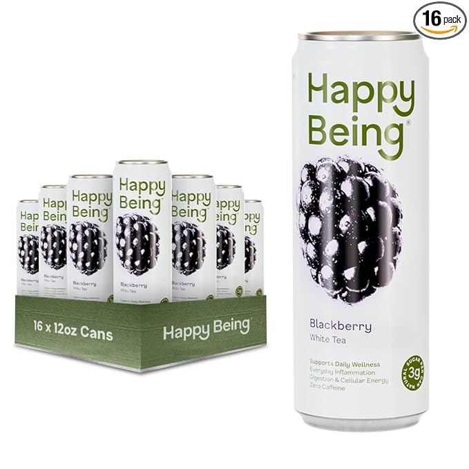 Happy Being Blackberry White Tea – Antioxidant &amp Polyphenol Rich Infused with Turmeric Elderberry Caffeine Free Plant-Based Low Sugar &amp Low Calorie Drinks 12oz (16 Pack)