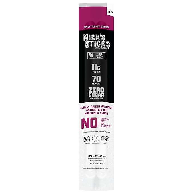 Nick's Sticks Clean &amp Balanced Spicy Free Range Turkey Snack Sticks | Made in the USA | Gluten Free | Paleo | Keto | Whole30 Approved |No Soy Antibiotics or Hormones (25 – 1.7oz. Packs of 2 Stick