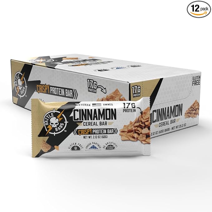 Battle Bars Crispy Protein Bar 17g Protein per serving - Gluten Free No Artificial Flavors or Colors - Veteran Founded - Cinnamon Cereal (60g) 12 Count