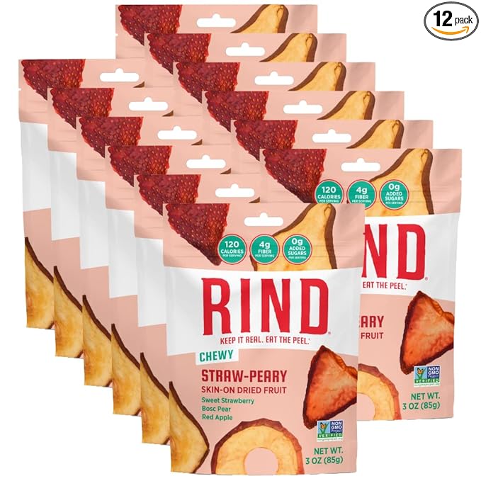 RIND Snacks | Straw-Peary | Strawberry Apple &amp Pear | Dried Fruit Superfood | Chewy Snack | No Sugar Added | All Natural | High in Fiber | Gluten Free | Vegan | Paleo | Fruit Snacks | 3 oz | 12 P