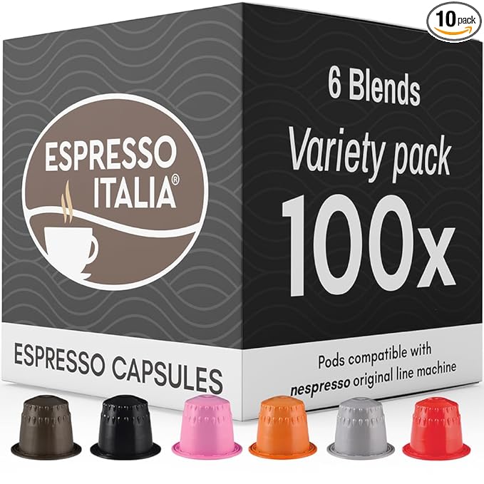 ESPRESSO ITALIA 100 Count Variety Pack - 6 Blends of Capsules compatible with Nespresso Original Line Machines Medium-Dark Roast Assorted Italian Coffee Pods Intensity 6-12 Arabica and Robusta.