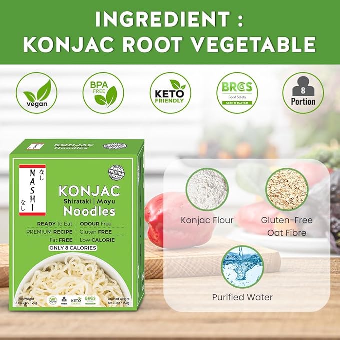 Nashi Shirataki Konjac Premium Noodles - Low Fat Glucomannan Premium Recipe Keto friendly Suitable for Vegan Odour Free low calorie food | Ready to Eat | 53.61 oz (Pack of 8)