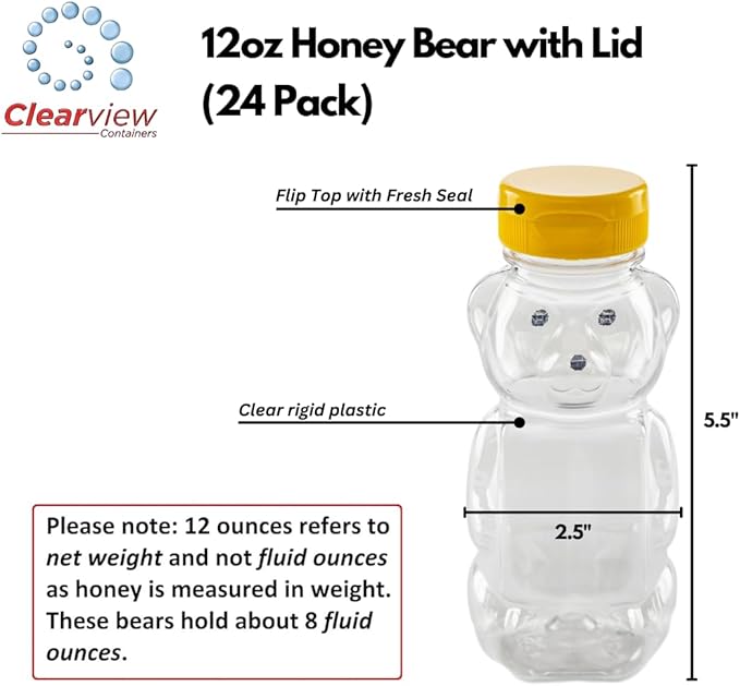 24 Pack of 12 Ounce Clear Honey Bears with Sealable Yellow Flip Top Lids (12 oz. Clear Bear 24pk Yellow)
