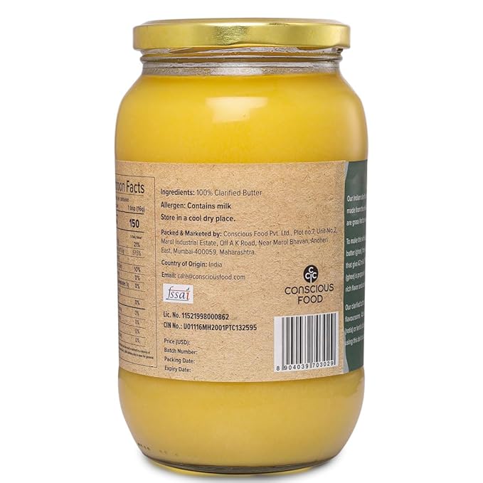 Conscious Food A2 Desi Cow Ghee - 33.814 Fl Oz (1L) Clarified Butter - 100% Pure and Premium Cultured Ghee Natural Grass Fed Indian Cow Non-GMO