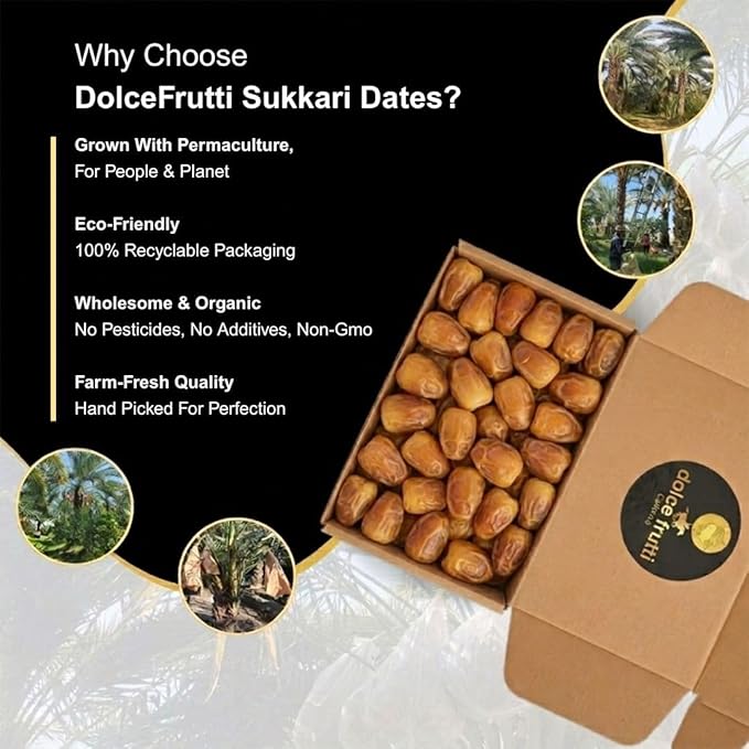 Dolce Frutti Sukkari Dates – Premium Soft &amp Naturally Sweet No Added Sugar 100% Organic &amp Flavorful High Fiber Healthy Snack for Kids and Adults. Perfect for Cooking Baking &amp Smoothie
