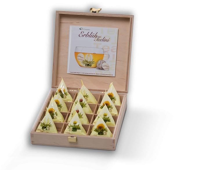 Creano Blooming Tea - Teelini Flowers in Cup Size - Gift Set in Wooden Box - 12 Pcs in 4 Varieties - White Tea
