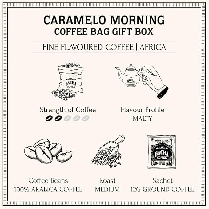 Bacha Coffee | Caramelo Morning Fine Flavoured Medium Roast 100% Arabica Specialty Coffee 12 Coffee Drip Bags Gift Box