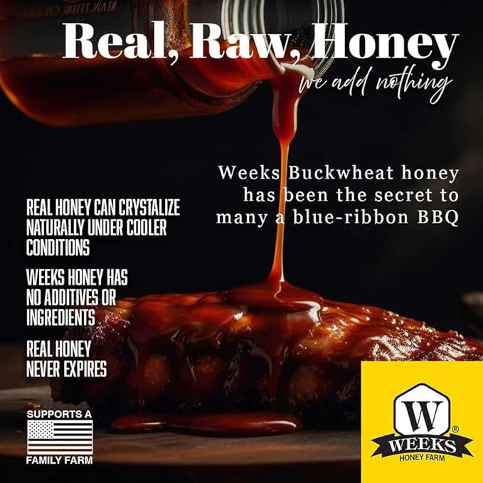 Pure Raw Unfiltered Buckwheat Honey 22 oz Glass Jar - Premium Dark American Buckwheat Honey by Weeks Honey Farm | Bold Molasses Flavor