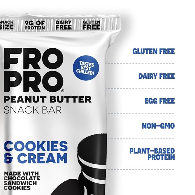 FROPRO Snack Bar - Peanut Butter Snack Bars - Gluten Free Dairy Free Non GMO Plant Based Protein Snacks Bar - Crave-worthy &amp Great On-the-Go | Cookies and Cream 24 Pack