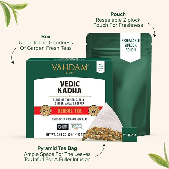 VAHDAM Vedic Kadha Herbal Tea Bags (100 Ct) Caffeine Free 100% Real Ingredients - Turmeric Black Pepper Amla Tulsi Ginger Cloves | Pure Herbal Tisane - Earthy Savory | Resealable Ziplock Pouch
