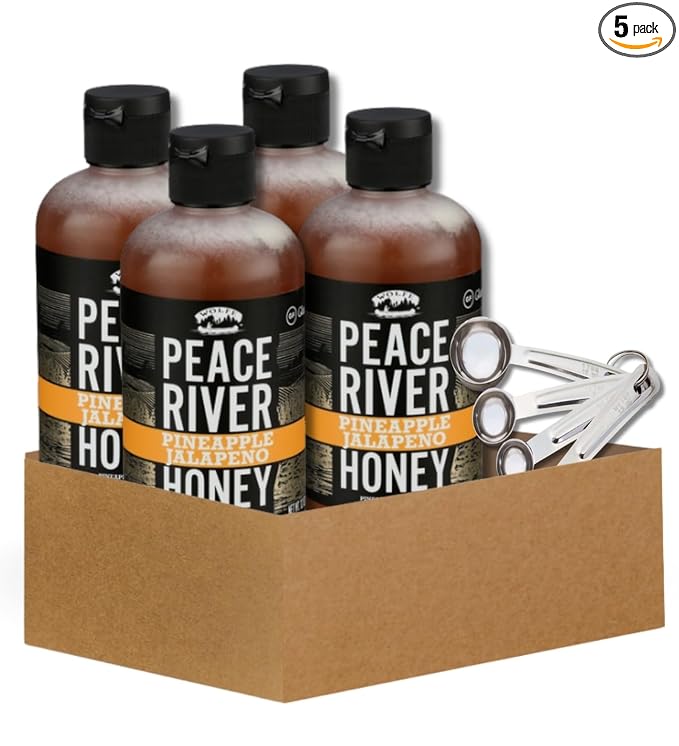 4x Peace River Honey Honey Pineapple Jalapeno 12 OZ Bundle with Measuring Spoon Set – Sweet and Spicy Blend with Pineapple Heat Plus Stainless Measuring Tools – Gift Set (5 Items)
