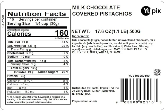 Yupik Milk Chocolate Covered Pistachios 1.1 lb (17.6 oz) Fine Milk Chocolate Roasted Nuts Decadent Pistachios Dipped in Chocolate Creamy &amp Delicious Snack Perfect for Sharing &amp Gifting