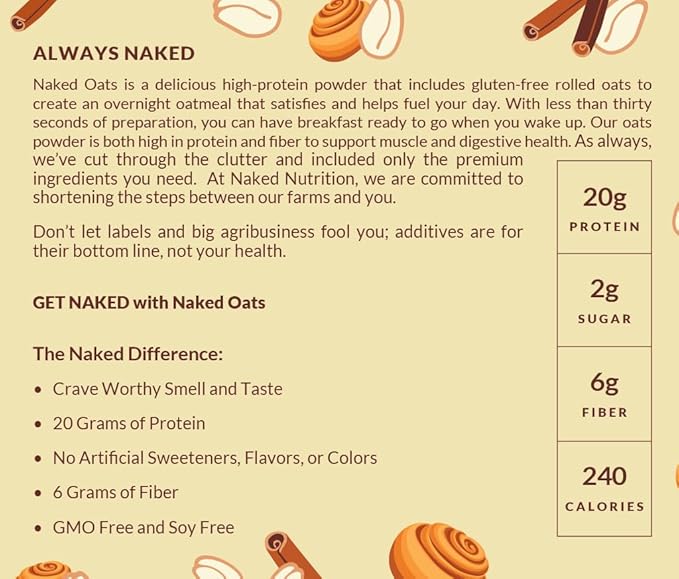 Naked Oats - Cinnamon Overnight Oats 20g Whey Protein Gluten-Free Oatmeal Instant Breakfast or Shake High Protein Oatmeal High Fiber Breakfast Shake Non GMO No Soy - 12 Servings