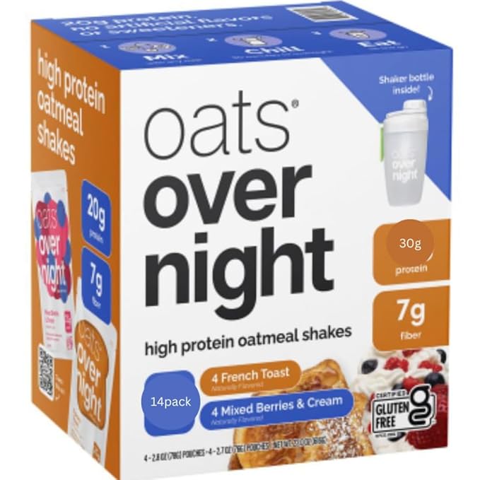 Oats Overnight Variety Pack 30g Protein Oatmeal Shake Cookies &amp Cream &amp Fudge Brownie High Protein Breakfast Drink Mix Just Add Milk 14 Pack + Shaker Bottle Included