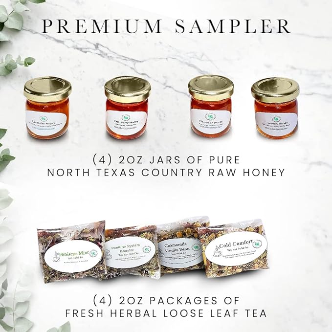 C&ampJ Farms Texas Gourmet Artisan Seasonings A Gift of Tea and Honey Gift Set- 9 Piece Variety Sampler Box- Includes Stir Spoon and Sampling of Loose Leaf Tisanes &amp Infused Honey- Local Natural