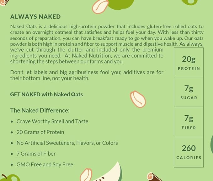 Naked Oats - Apple Cinnamon Overnight Oats 20g Whey Protein Gluten-Free Oatmeal Instant Breakfast or Shake High Protein Oatmeal High Fiber Breakfast Shake Non GMO No Soy - 12 Servings