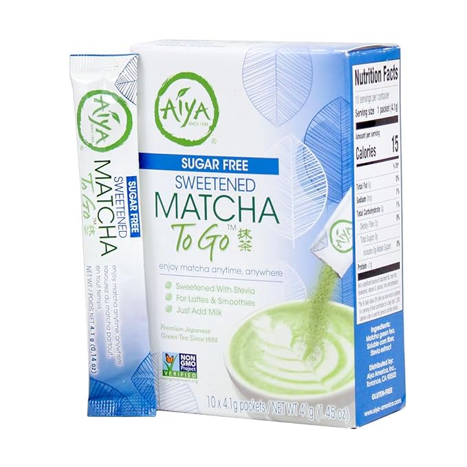 Aiya Sugar-Free Sweetened Matcha To Go Sticks - Stevia Sweetened Packets Premium Japanese Matcha Powder Gluten-Free - 10 Single-Serving Sticks