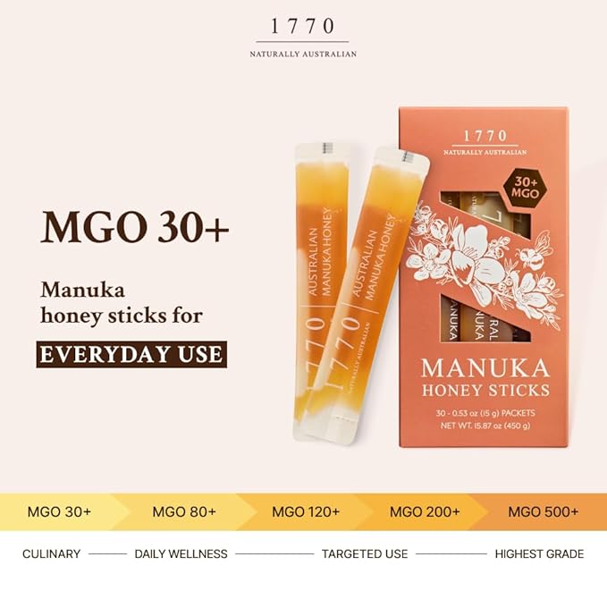 1770 Naturally Australian MGO 30+ Manuka Honey Sticks 30 x 15g Organic Honey for Tea Yogurt &amp Travel Snacks