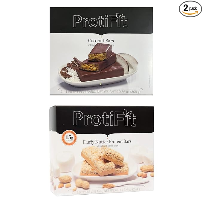 PROTIFIT - Low Calorie Coconut Crunch &amp Fluffy Nutter Protein Bar 2 Pack High Protein 15g Protein Low Carb Low Sugar Ideal Protein Compatible 7 Servings Per Box (2 Pack)