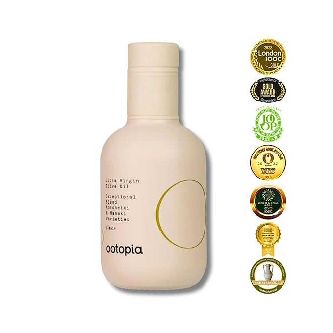 Ootopia Greek Extra Virgin Olive Oil - Organic Koroneiki and Manaki Oil Blend Made from 100% Pure Early Harvest Koroneiki and Manaki Olives - Polyphenol Rich Glass Bottle (8.45 fl oz)